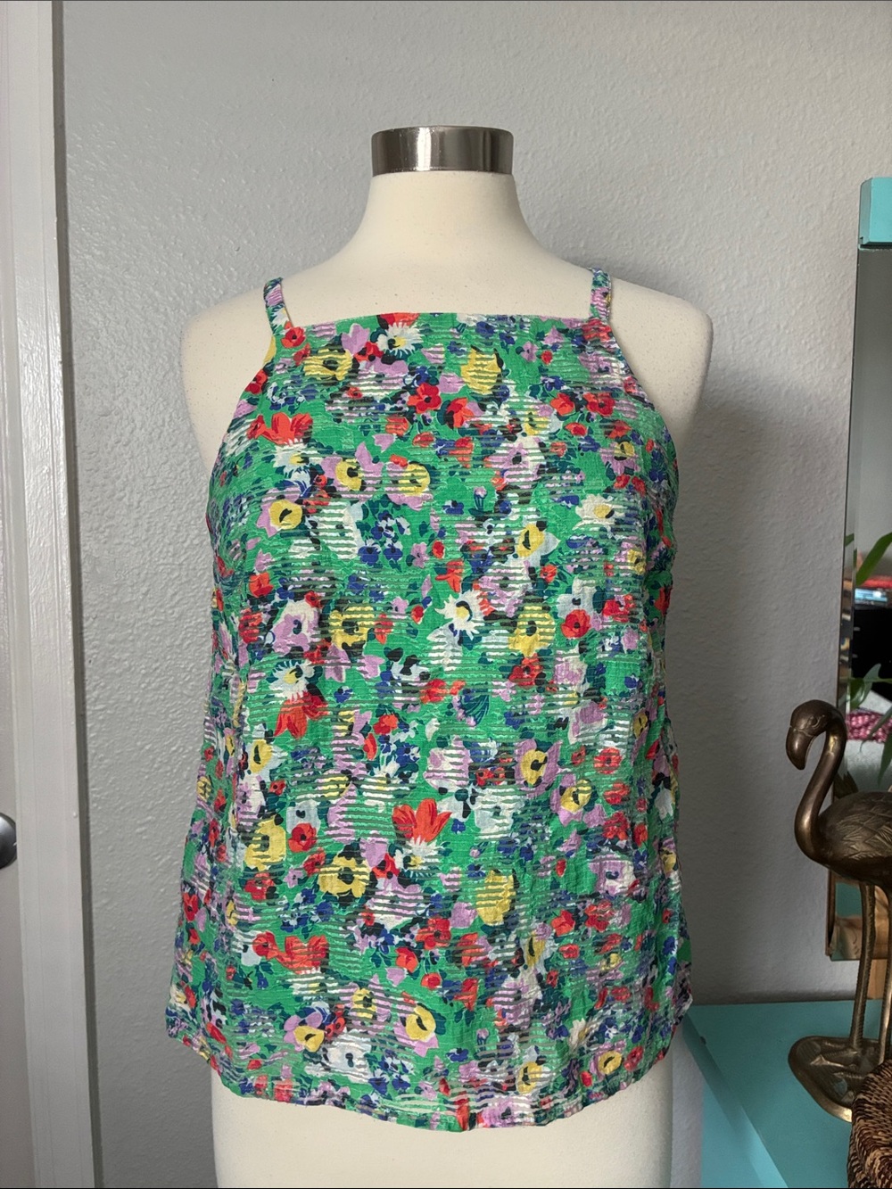 Maeve Anthropologie Green Quinn Floral Tank Top Blouse Shirt Size 8 Sheer Lined